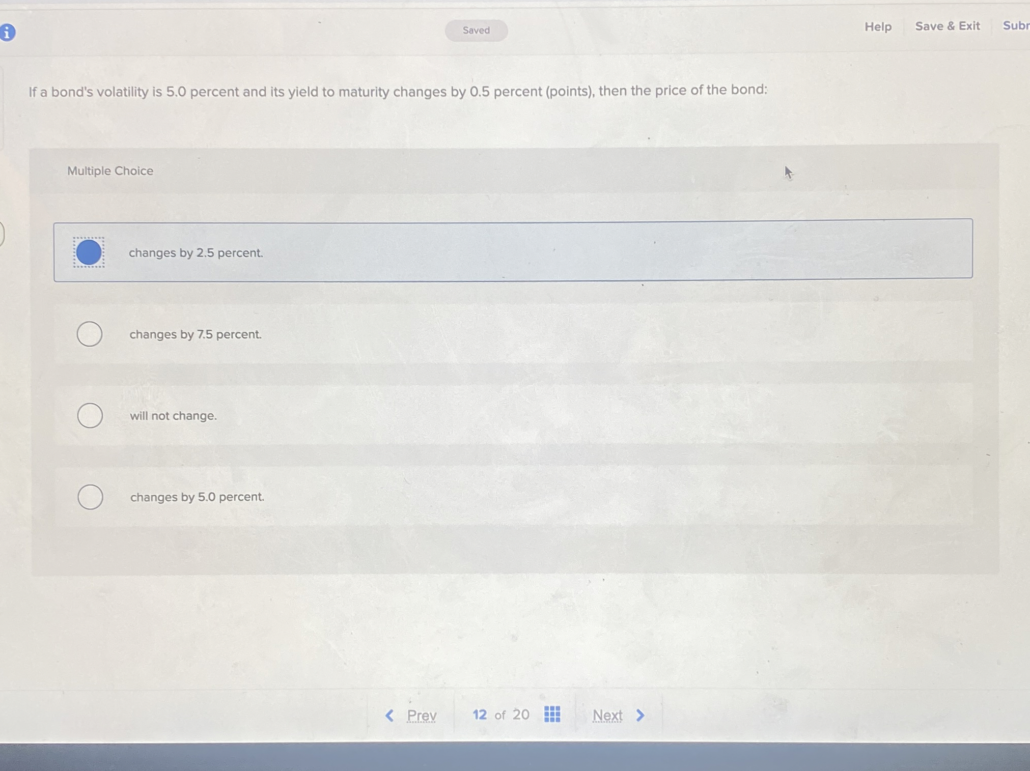 Help Save & Exit Subr If a bond's volatility is 5