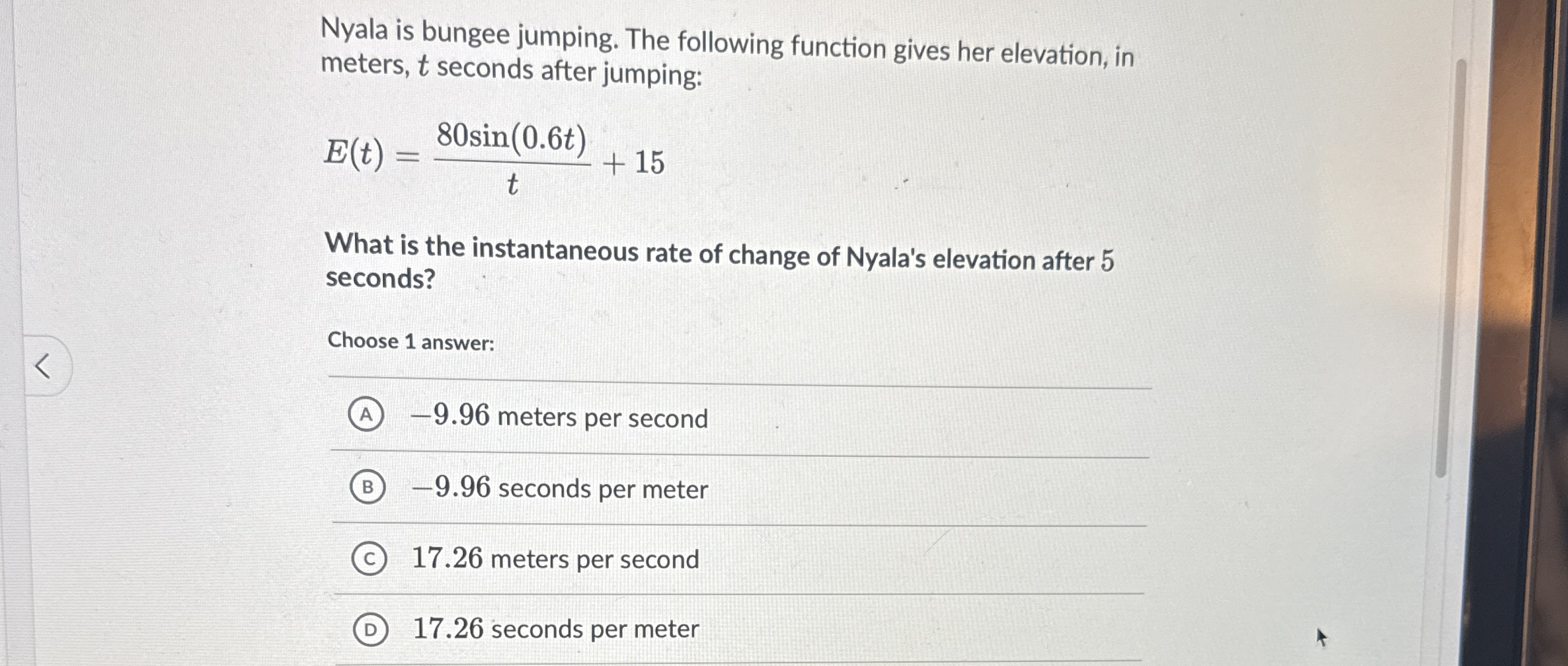 Nyala is bungee jumping. The following function