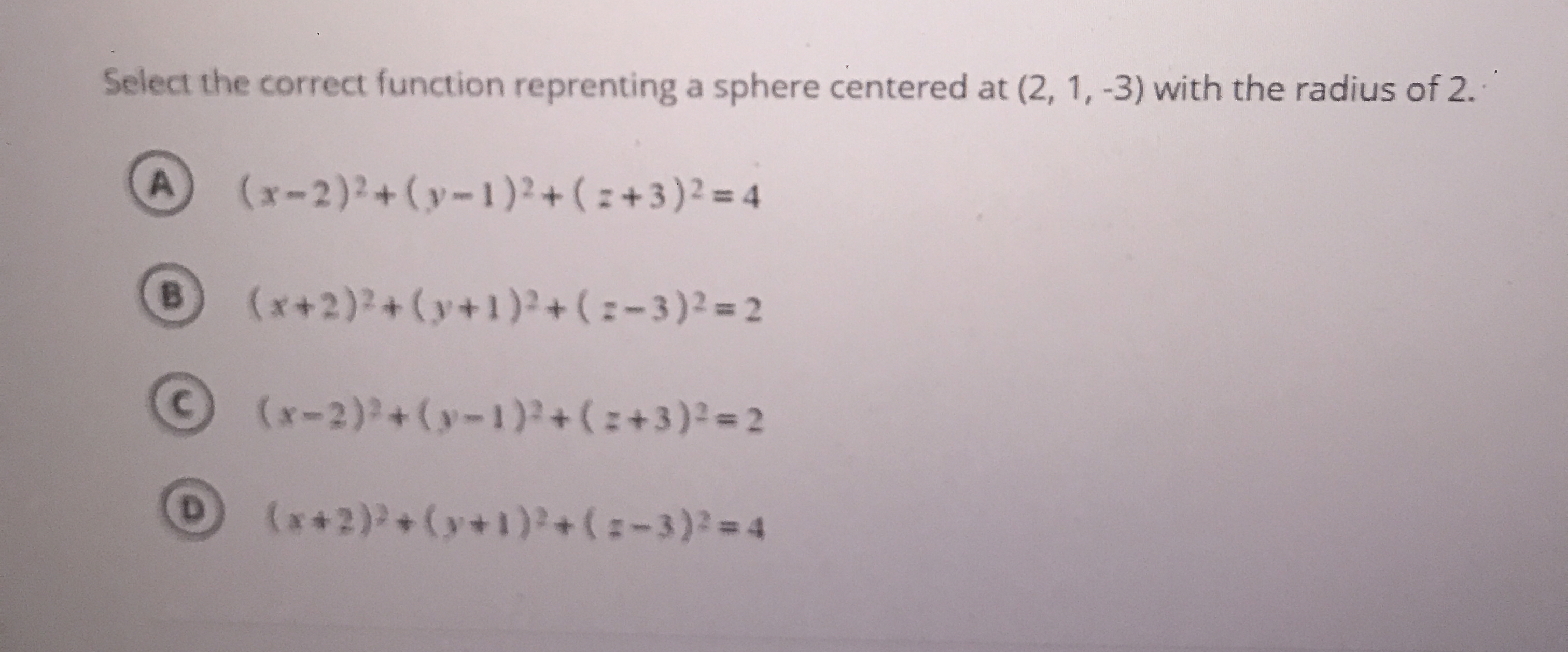Select the correct function reprenting a sphere