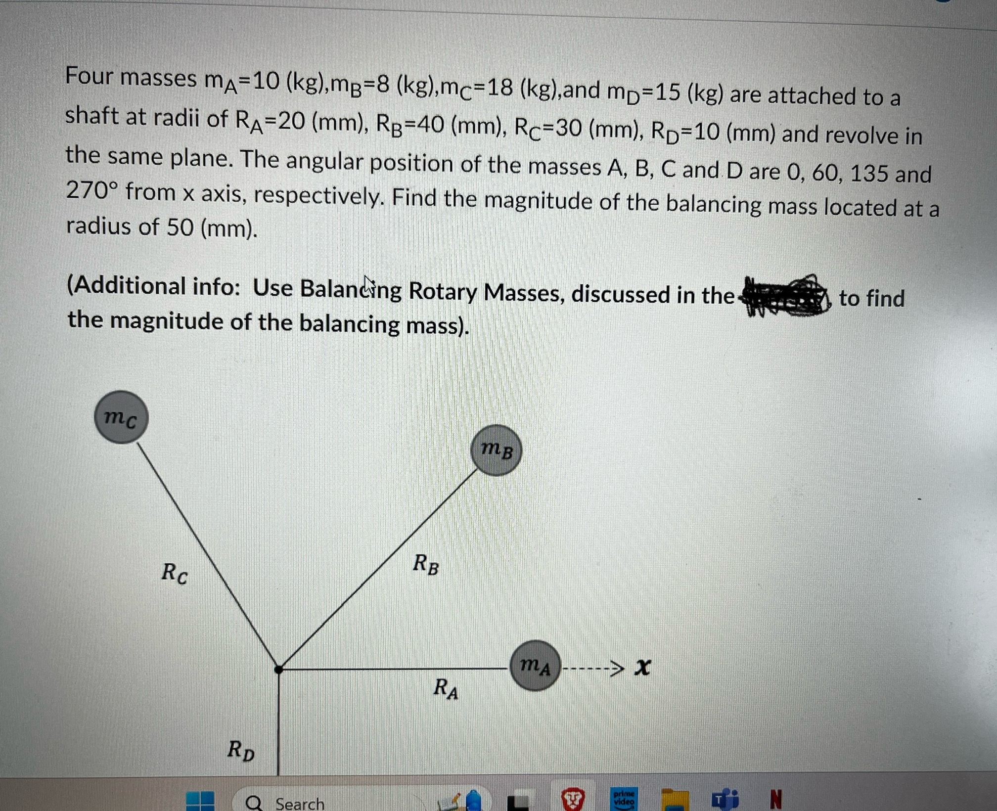 Four masses m A = 1 0 ( k g ) , m B = 8 ( k g ) ,