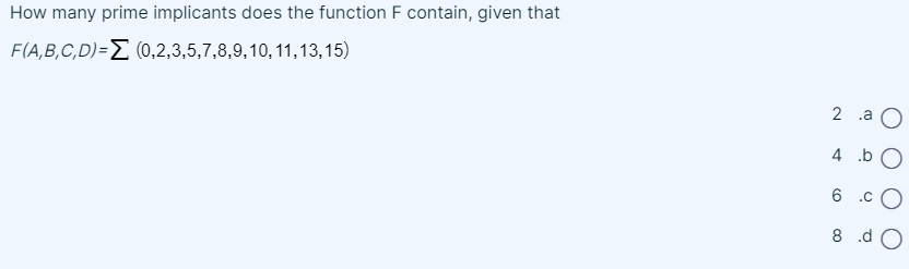 How many prime implicants does the function F