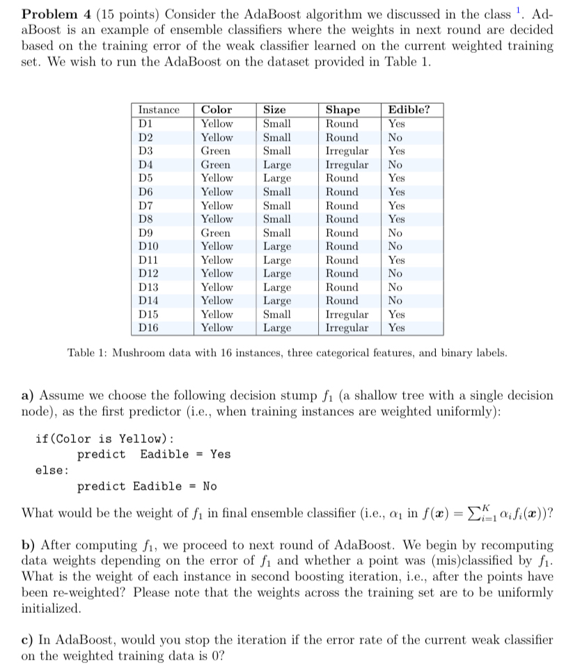 Problem 4 ( 1 5 points ) Consider the AdaBoost