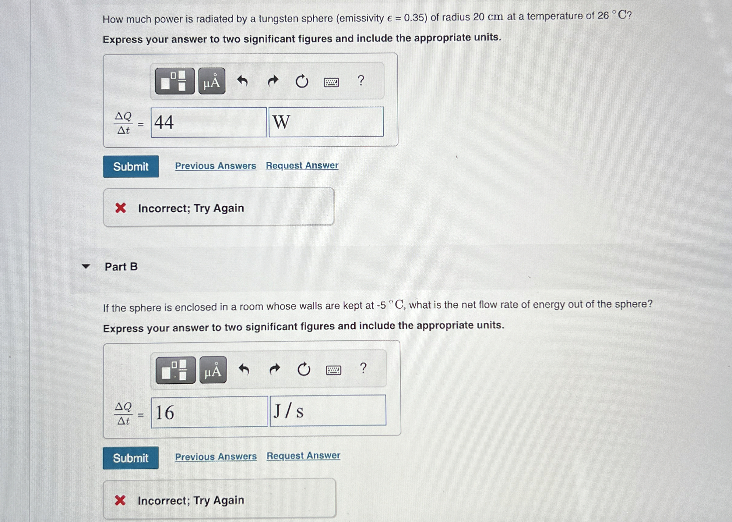 How much power is radiated by a tungsten sphere (