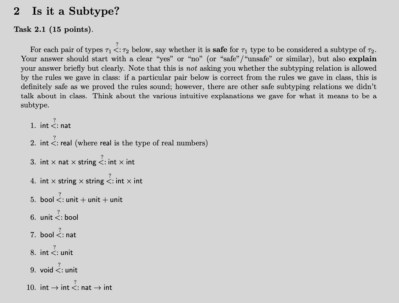 2 Is it a Subtype? Task 2 . 1 ( 1 5 points ) .