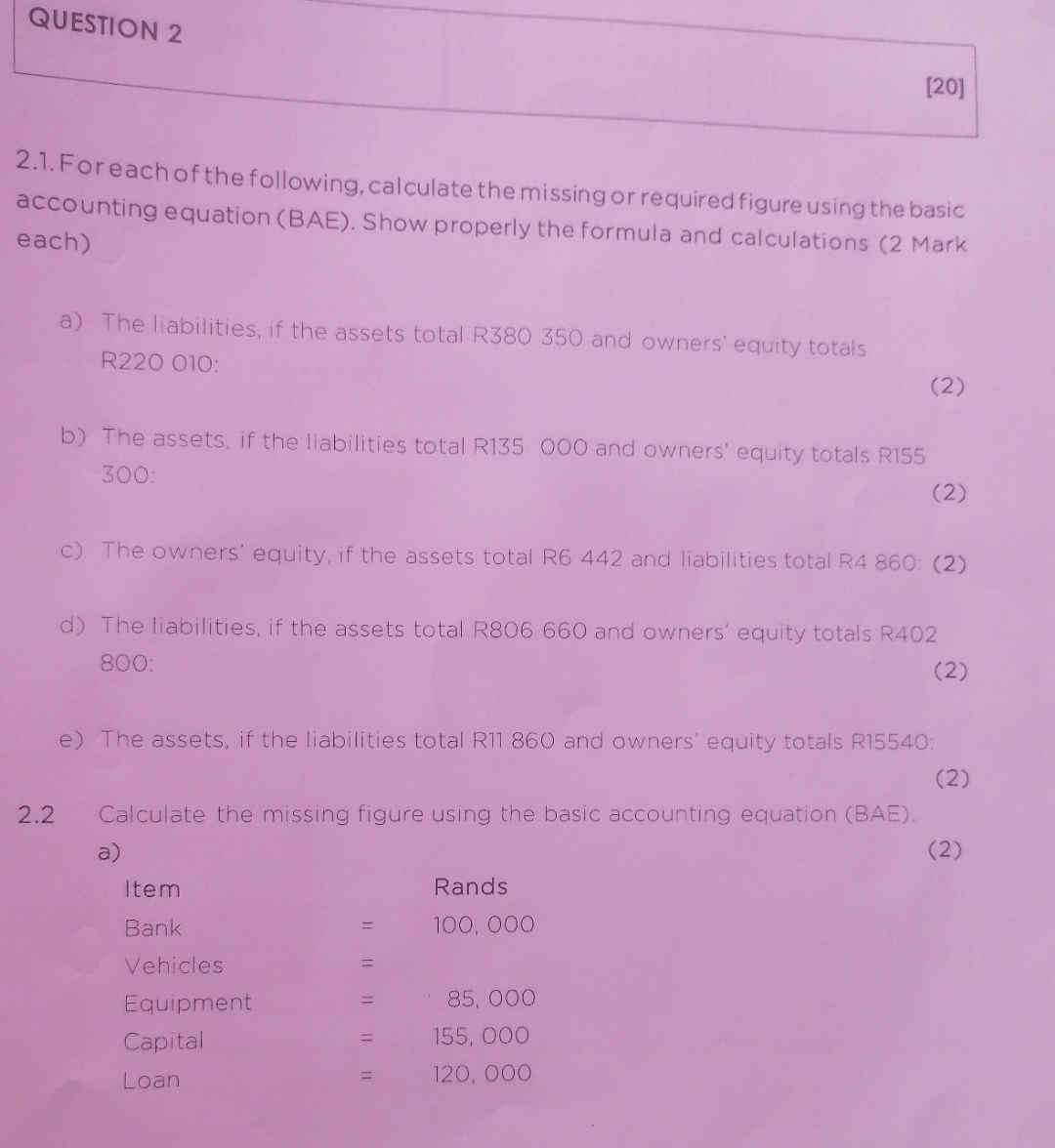 QUESTION 2 [ 2 0 ] 2 . 1 . For each of the