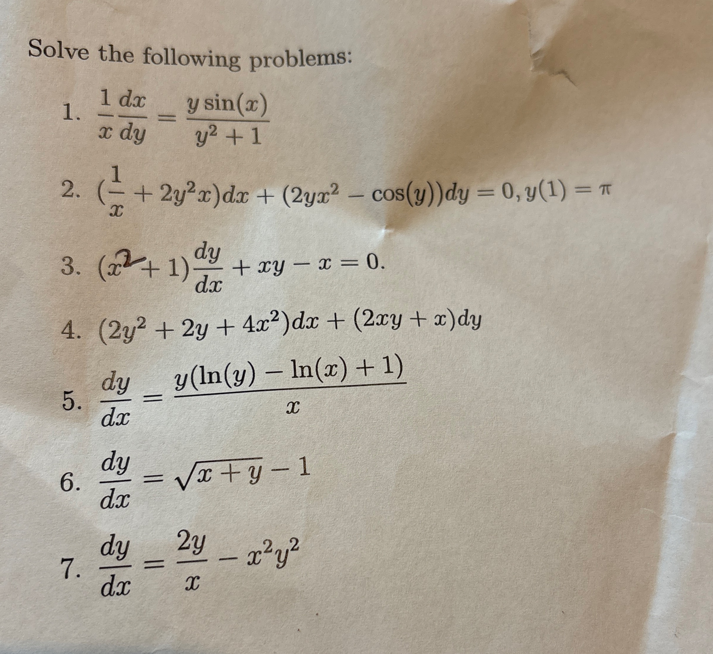 Solve the following problems: 1 x d x d y = y s i
