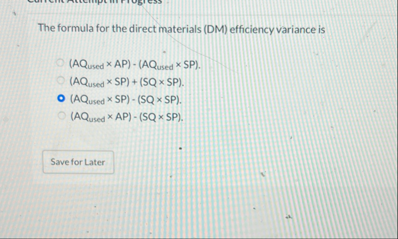 The formula for the direct materials ( DM )