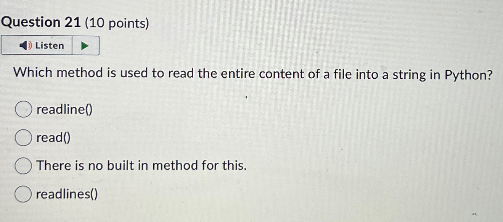 Question 2 1 ( 1 0 points ) Which method is used