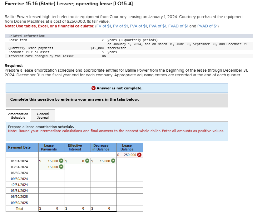 Exercise 1 5 - 1 6 ( Static ) Lessee; operating