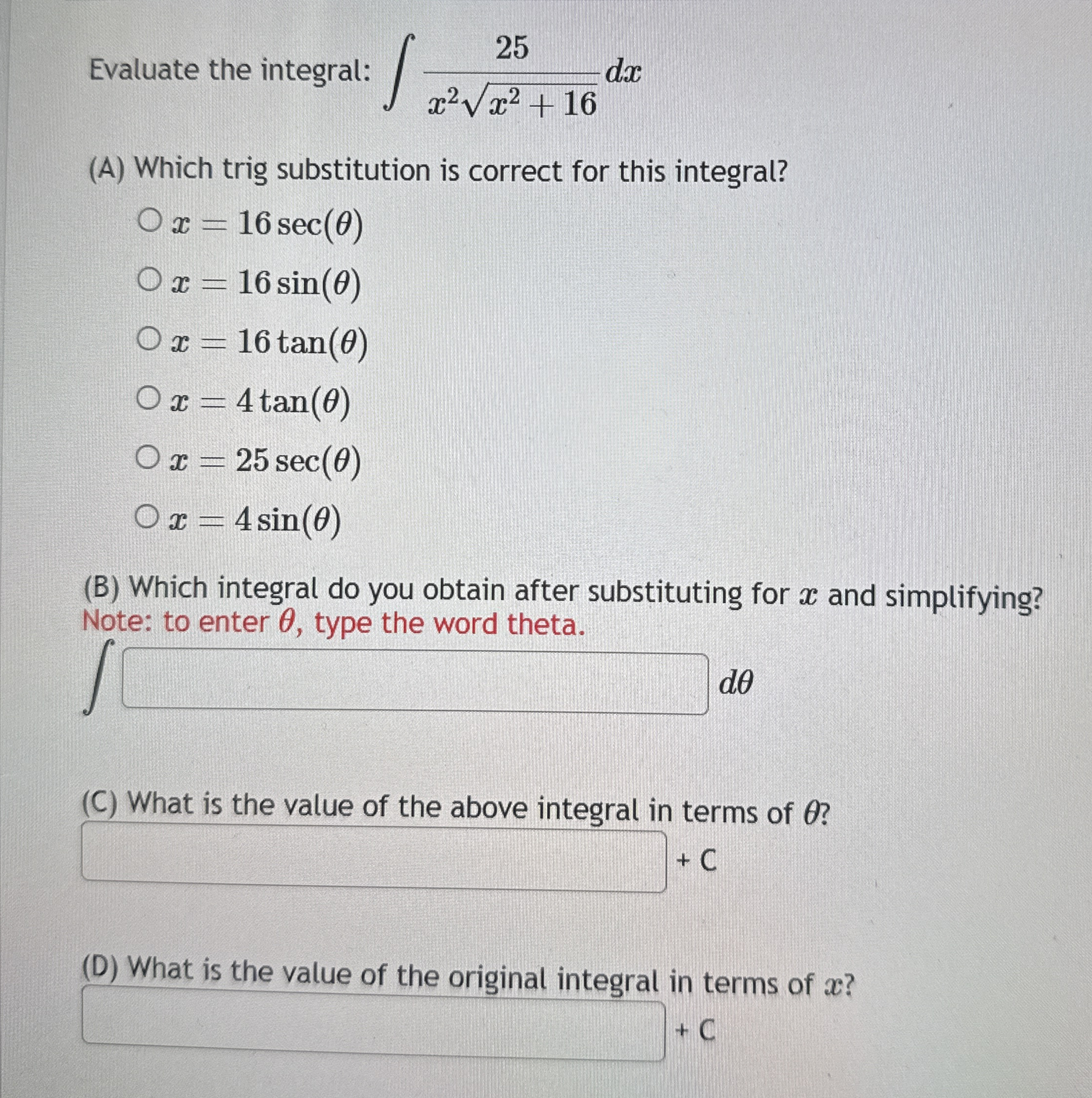 Evaluate the integral: 2 5 x 2 x 2 + 1 6 2 d x (