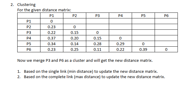 Clustering For the given distance matrix: \ table