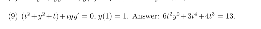 ( 9 ) ( t ^ ( 2 ) + y ^ ( 2 ) + t ) + tyy = 0 , y