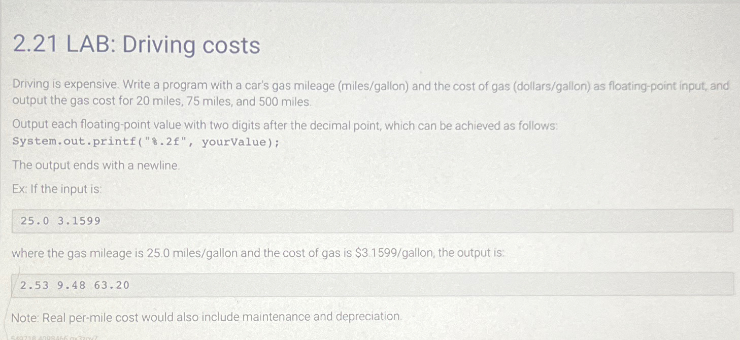 2 . 2 1 LAB: Driving costs Driving is expensive.
