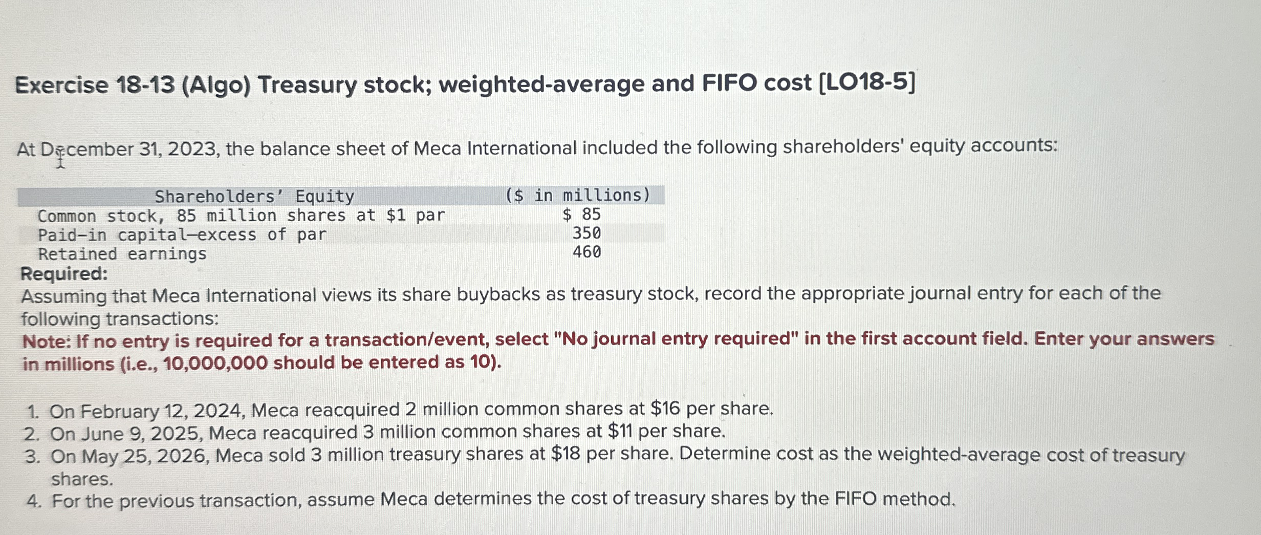 Exercise 1 8 - 1 3 ( Algo ) Treasury stock;