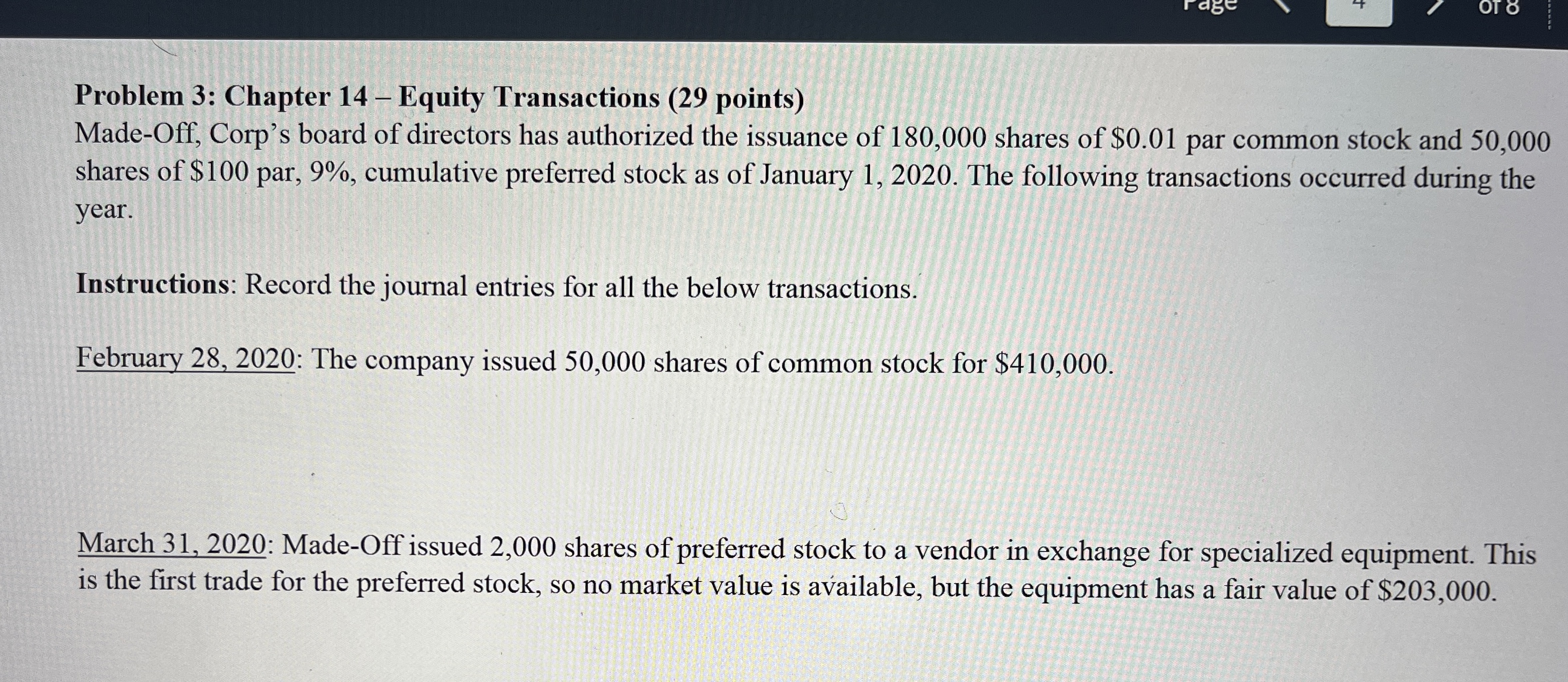 Problem 3 : Chapter 1 4 - Equity Transactions ( 2