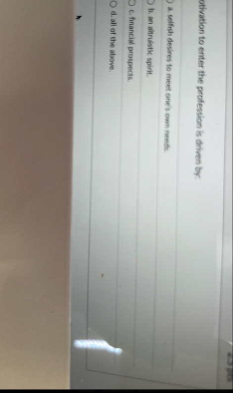 otivation to enter the profession is driven by: a