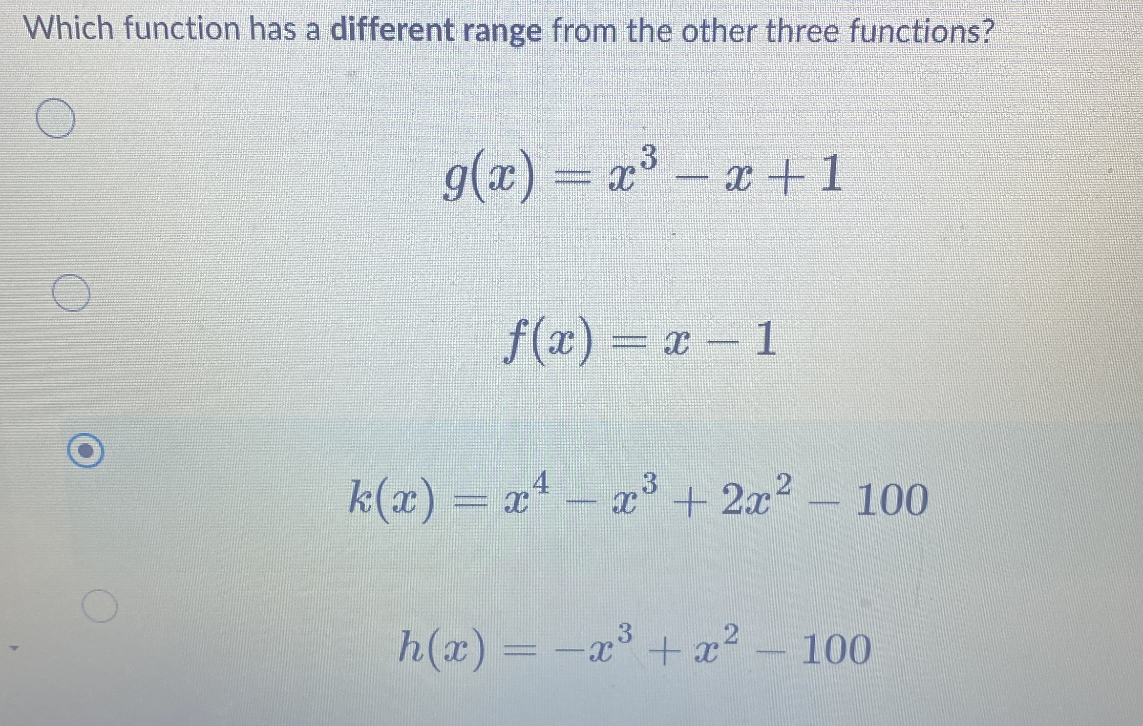 Which function has a different range from the