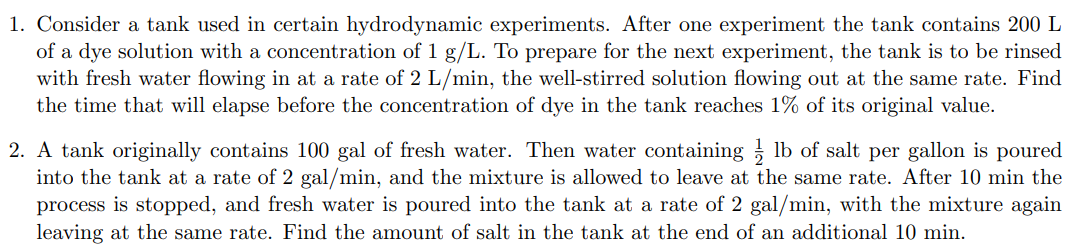 1 . Consider a tank used in certain hydrodynamic