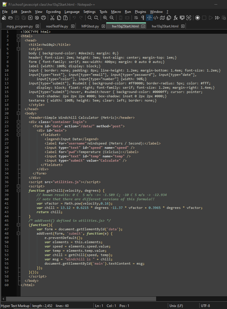 The supplied hw 1 0 q 2 Start.html provides a