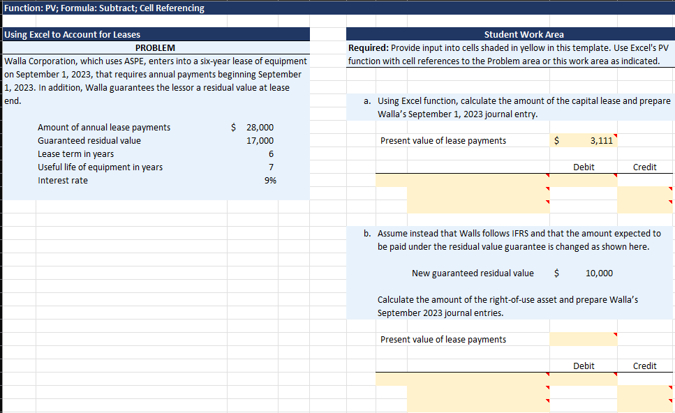 Using Excel to Account for Leases PROBLEM Walla