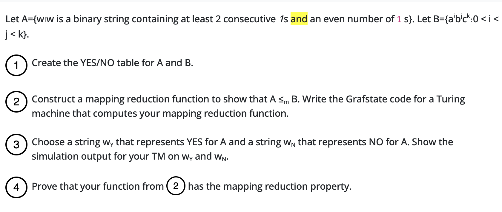 Let A = { w | w is a binary string containing at