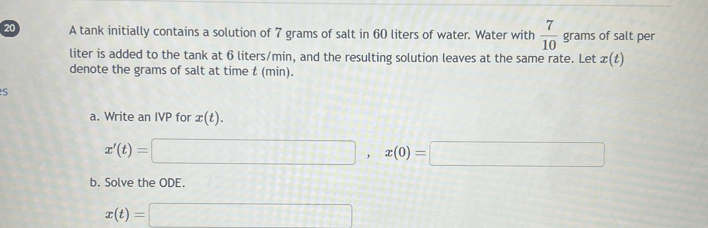 A tank initially contains a solution of 7 grams