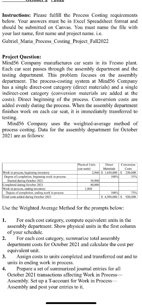 IN EXCEL FORMAT / FILE PLEASE Instructions: