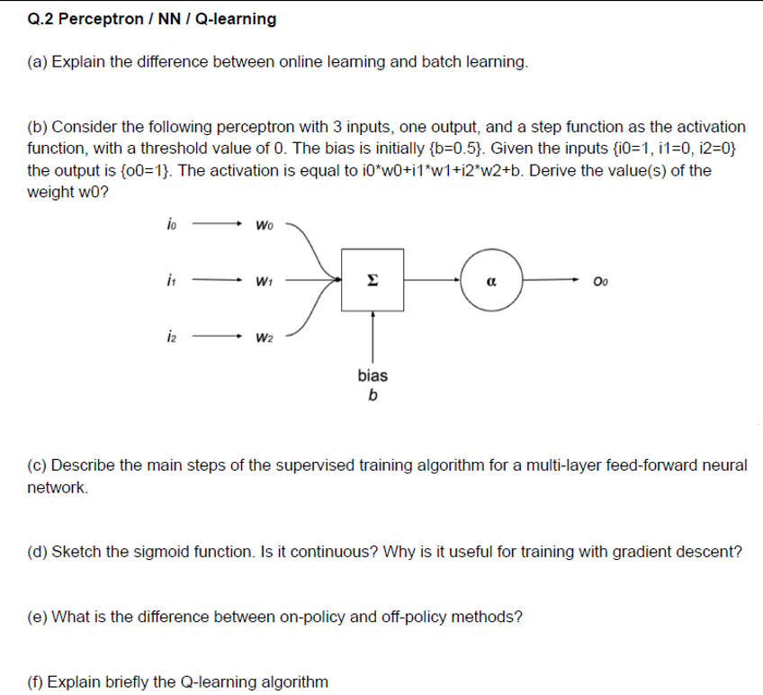 Q . 2 Perceptron / NN / Q - learning ( check the