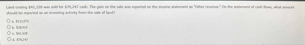 Land costing $ 4 1 , 3 2 8 was sold for $ 7 0 , 2