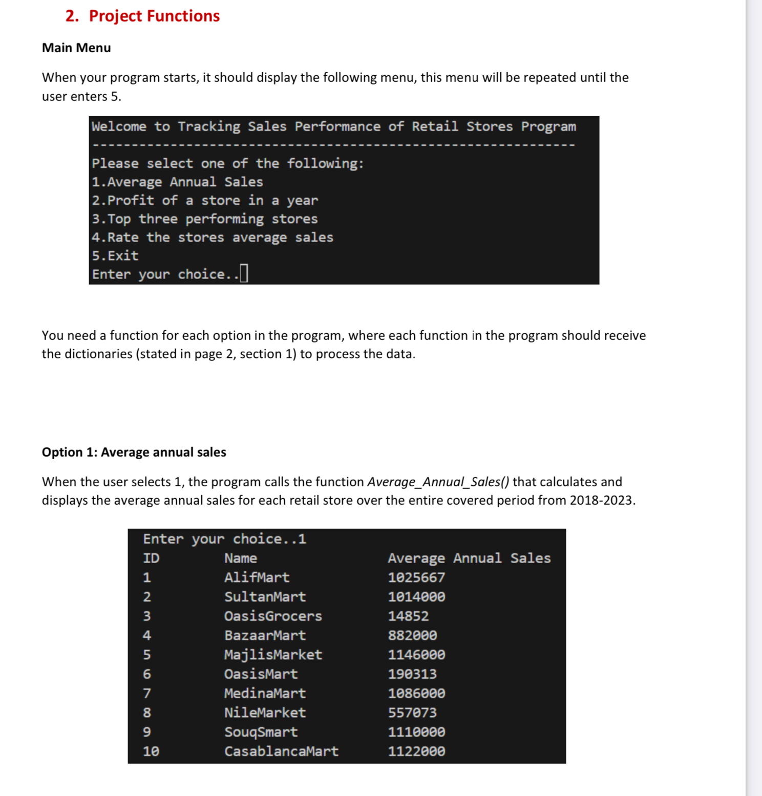 Project Functions Main Menu When your program