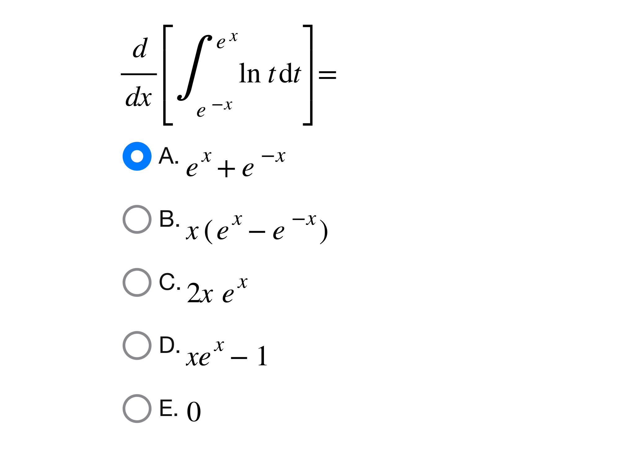 d d x [ e - x e x l n t ( d ) t ] = A . e x + e -