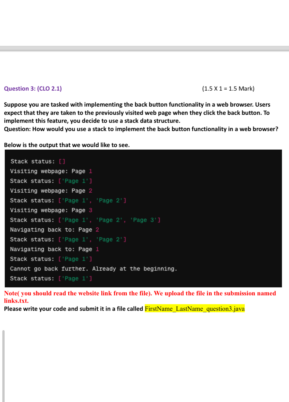 Question 3 : ( CLO 2 . 1 ) ( 1 . 5 X 1 = 1 . 5