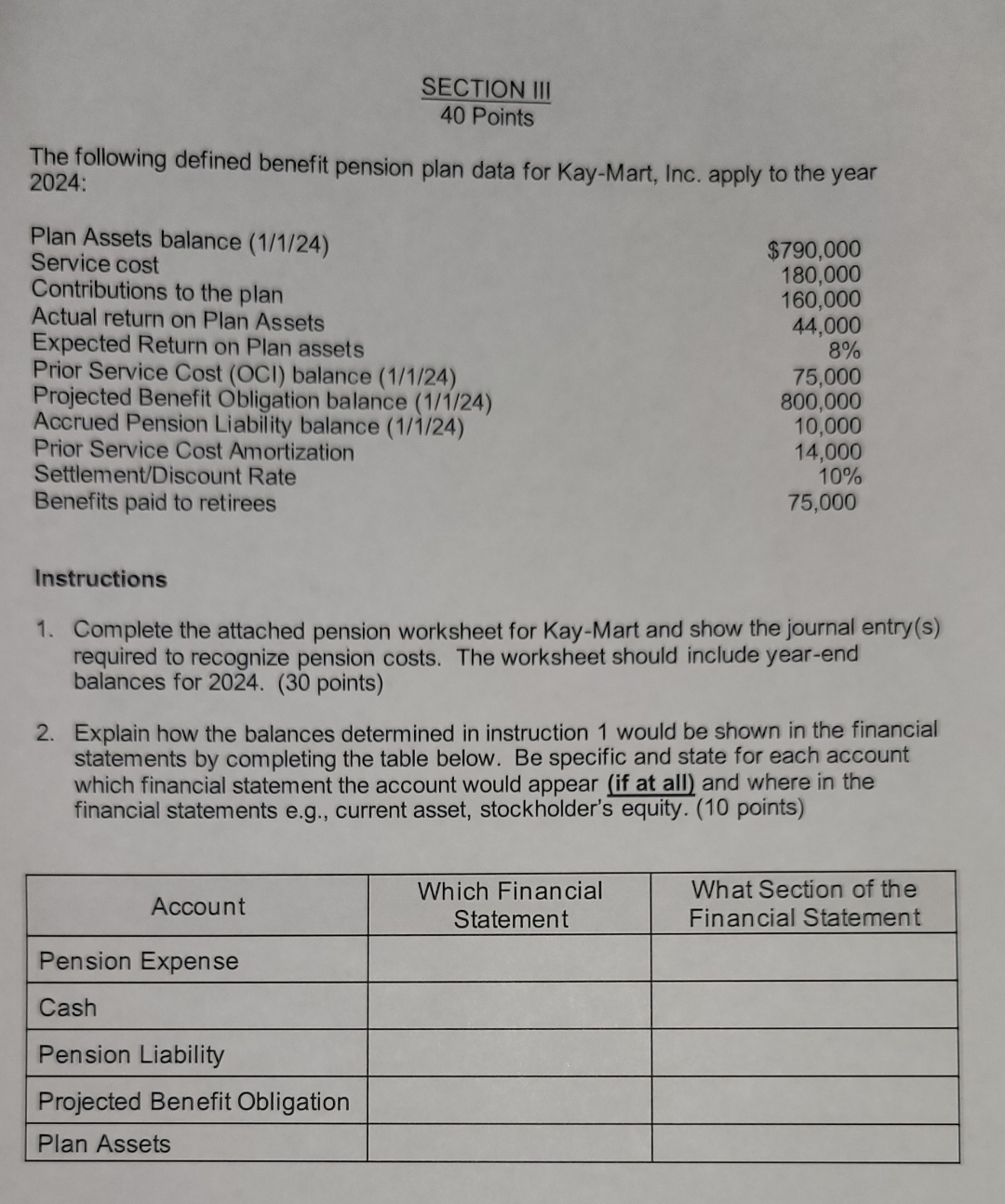 S E C T I O N I I I 4 0 P o i n t s The following