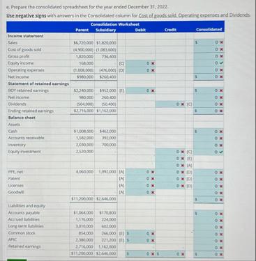 e . Prepare the comalidabed spreadsheet for the