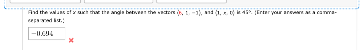 Find the values of x such that the angle between