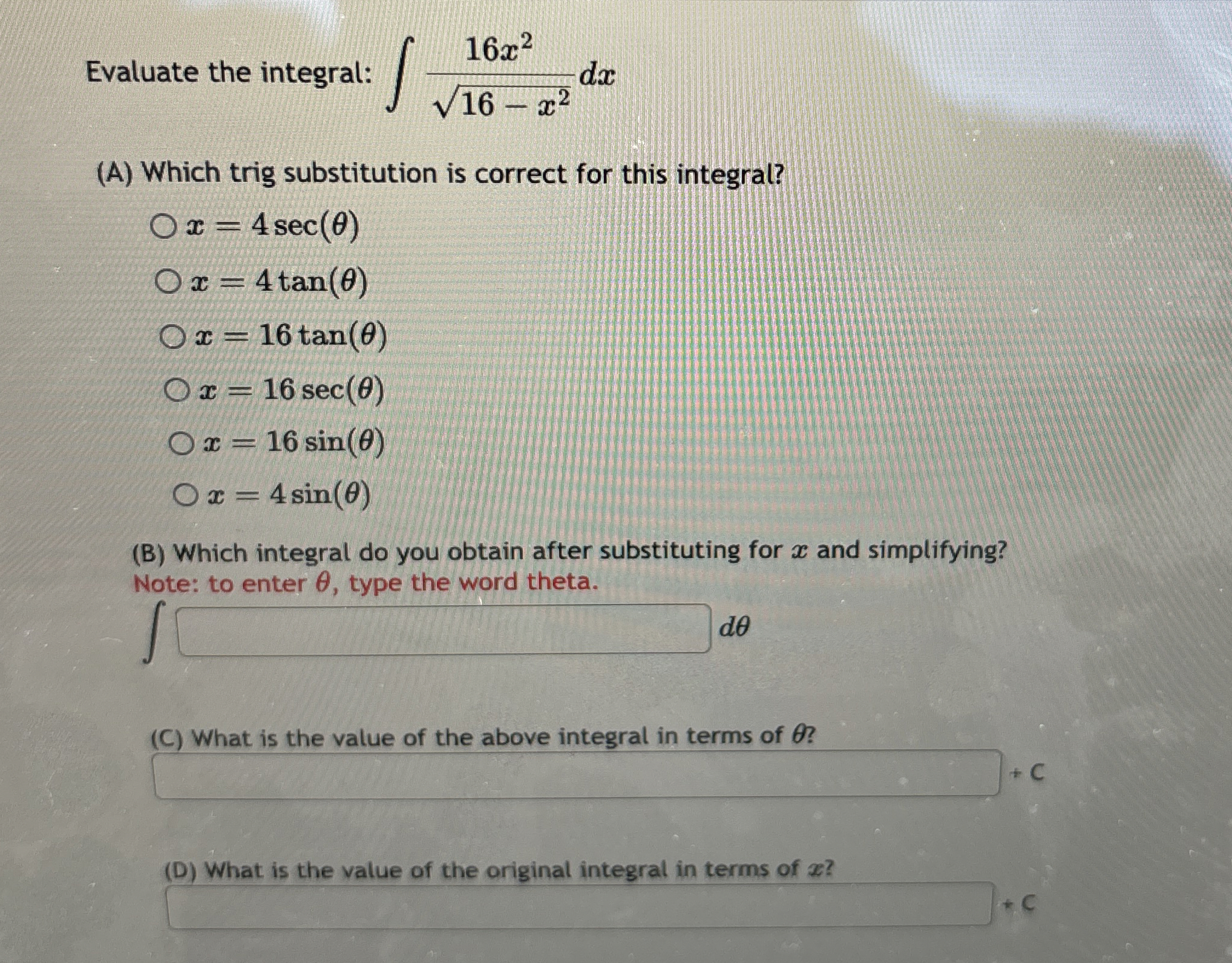 Evaluate the integral: 1 6 x 2 1 6 - x 2 2 d x (