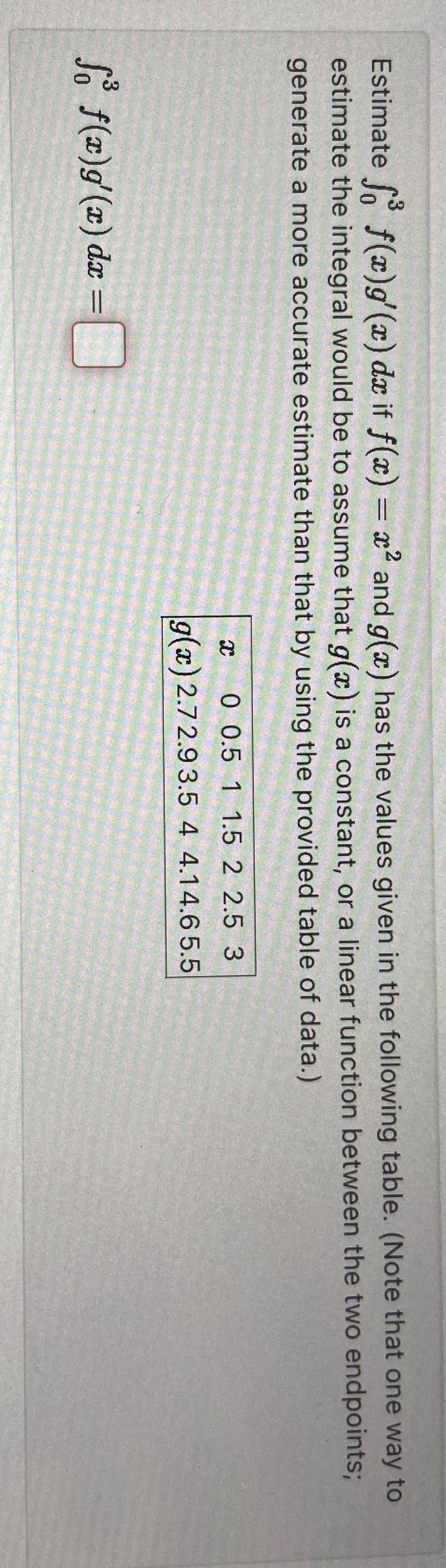 How to solve Estimate 0 3 f ( x ) g ' ( x ) d x