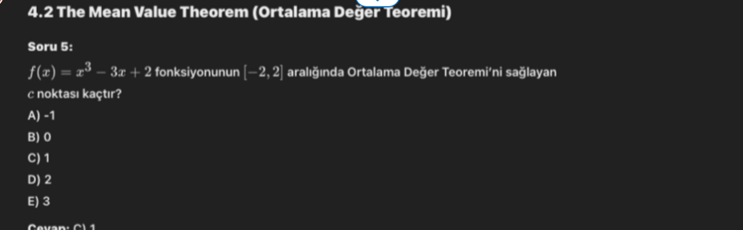 4 . 2 The Mean Value Theorem ( Ortalama Deg er