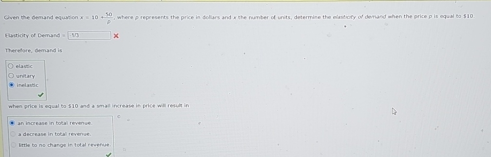 Given the demand equation x = 1 0 + 5 0 p , where