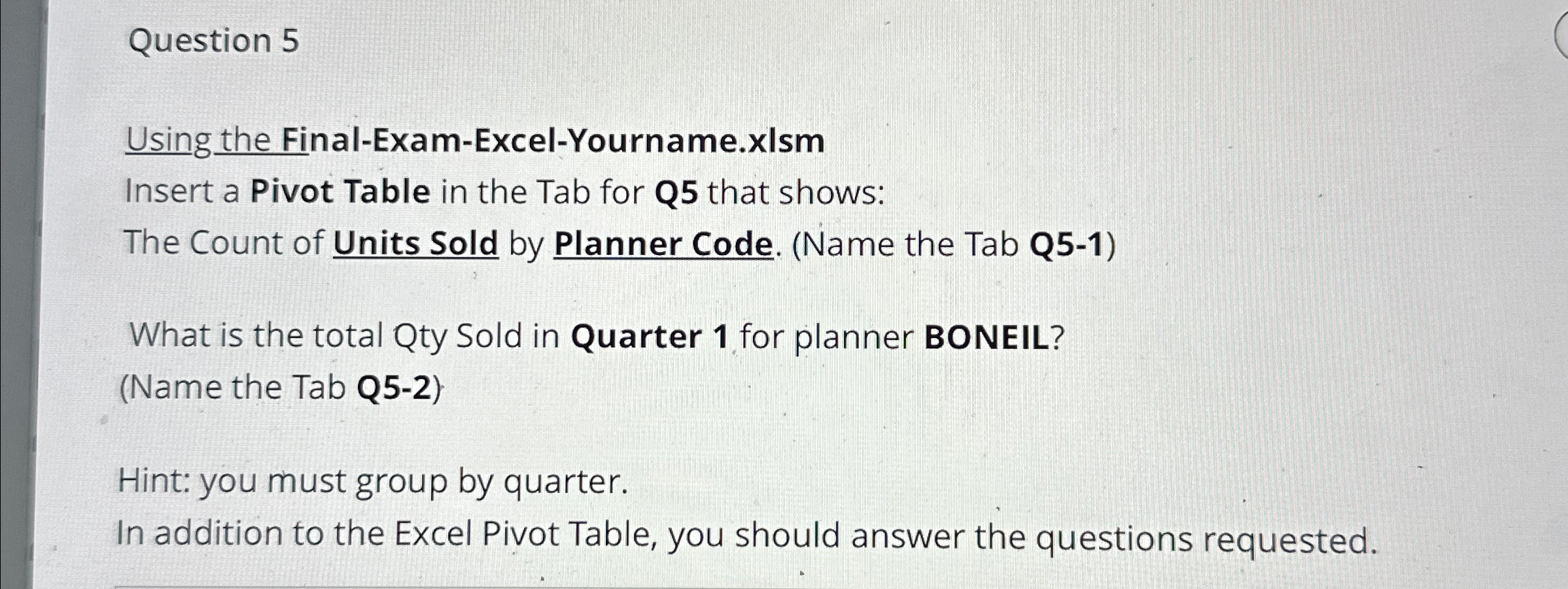 Question 5 Using the Final - Exam - Excel -