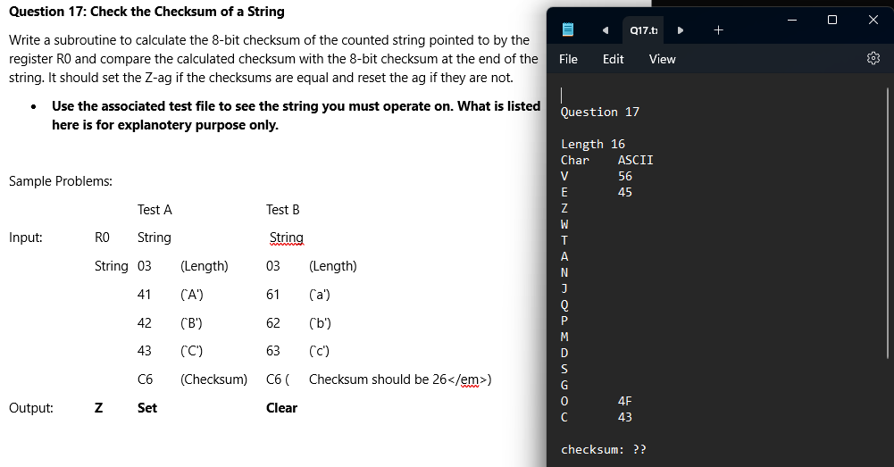 Question 1 7 : Check the Checksum of a String