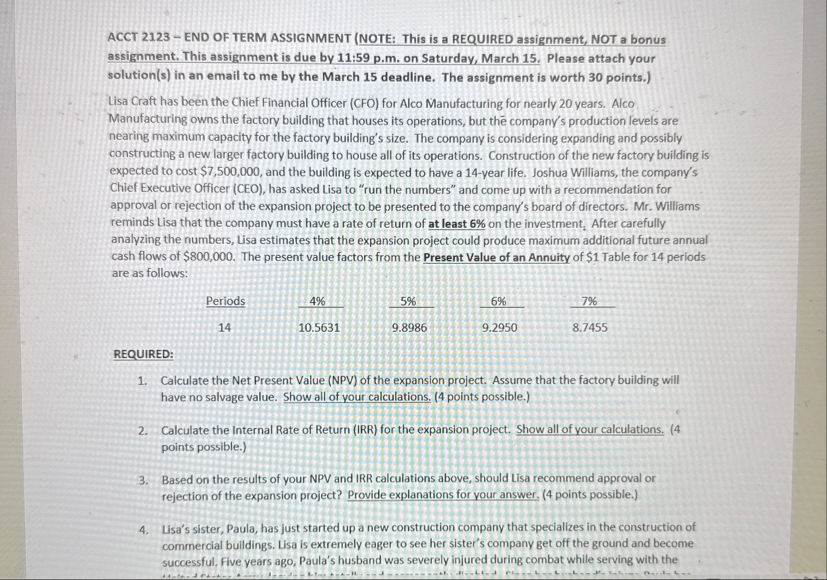 ACCT 2 1 2 3 - END OF TERM ASSIGNMENT ( NOTE: