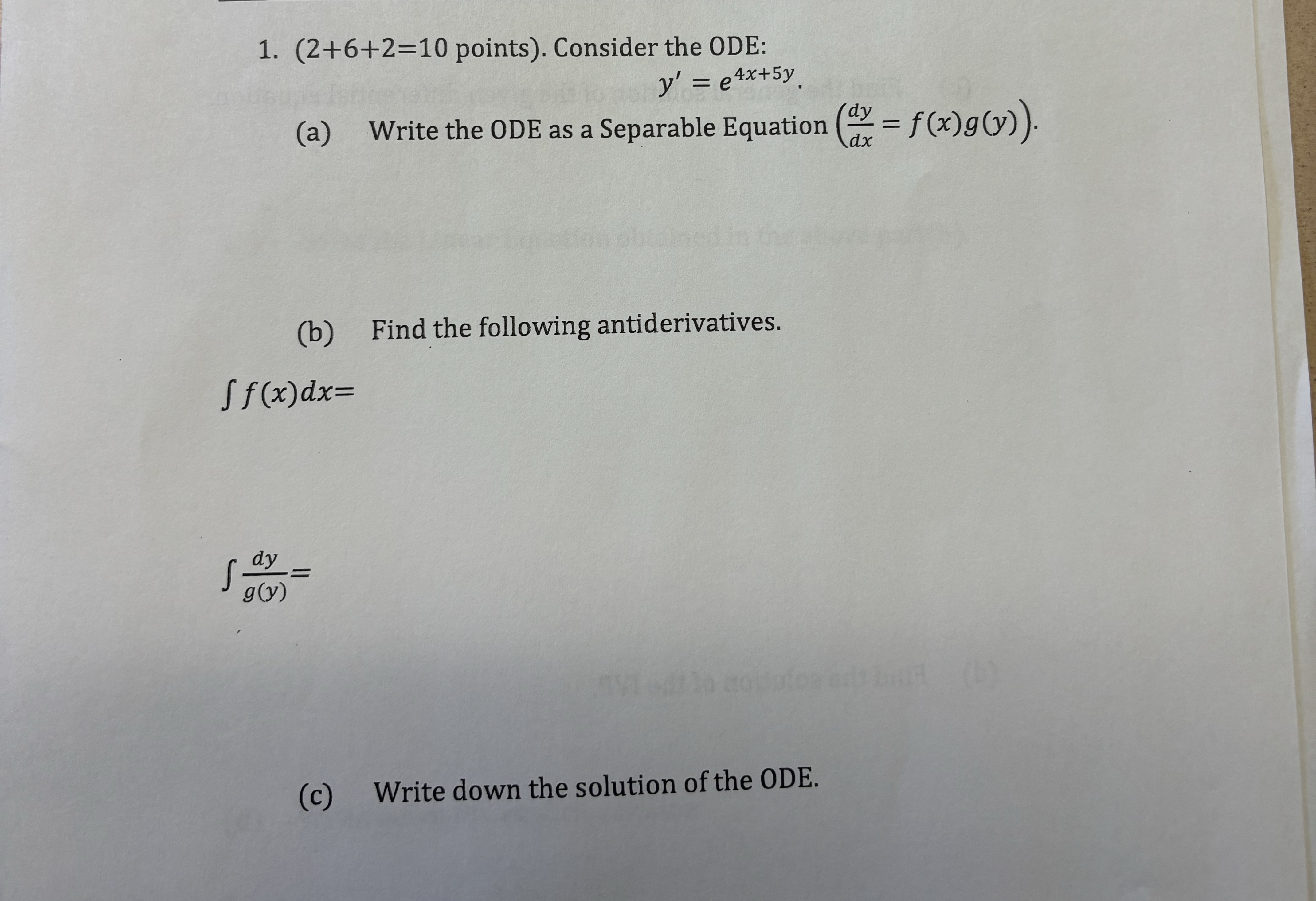 points ) . Consider the ODE: y ' = e 4 x + 5 y (