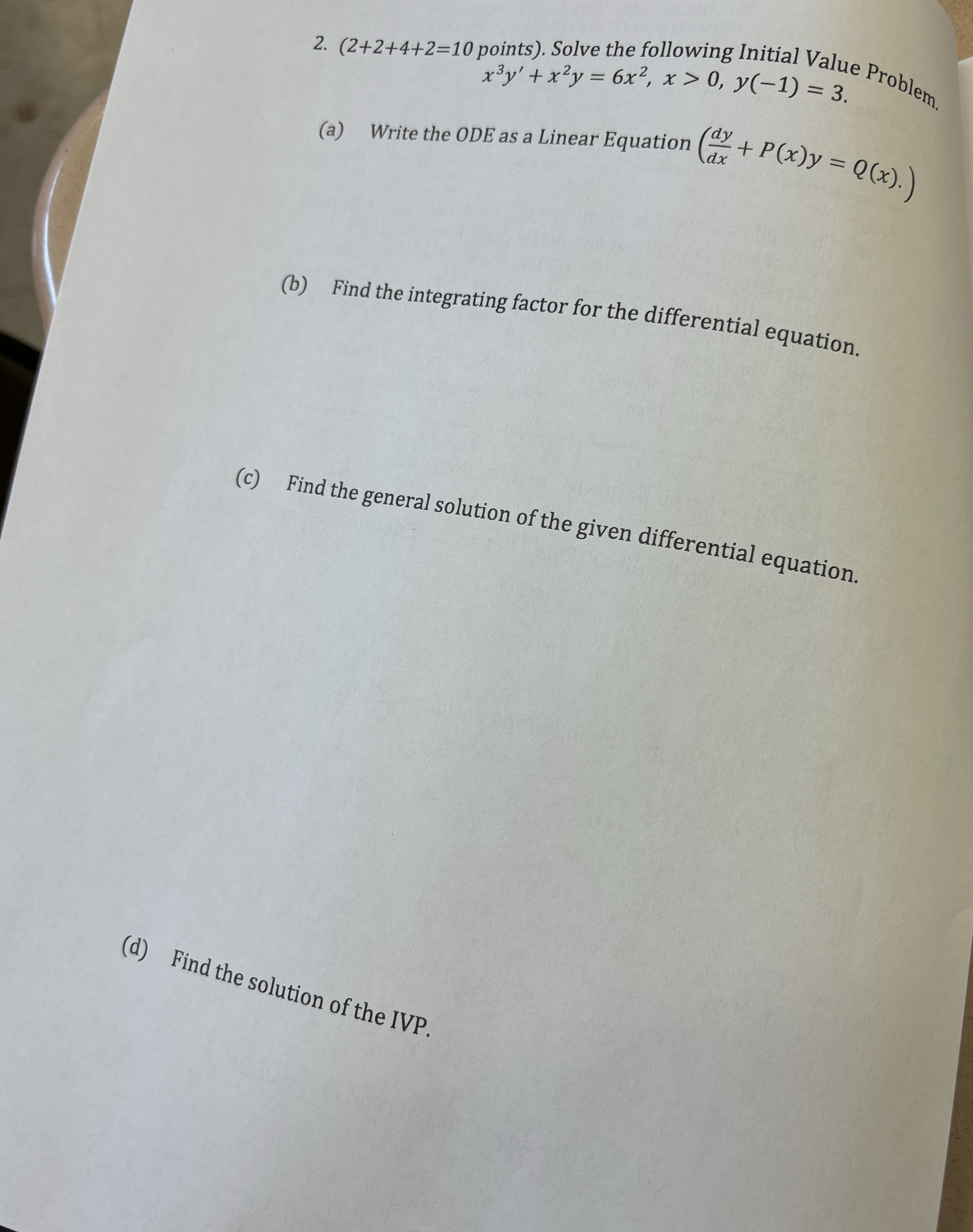 x 3 y ' + x 2 y = 6 x 2 , x > 0 , y ( - 1 ) = 3 (