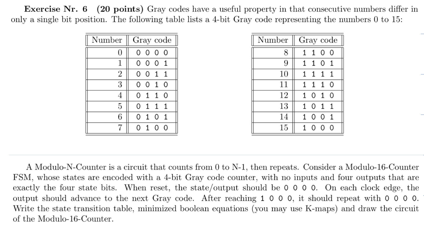 Exercise Nr . 6 ( 2 0 points ) Gray codes have a