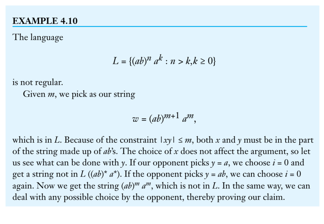 EXAMPLE 4 . 1 0 The language L = { ( a b ) n a k