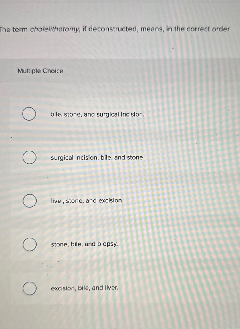 The term cholelithotomy, if deconstructed, means,