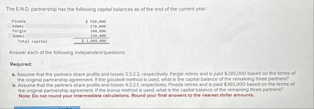 The E . N . D . partnership has the following
