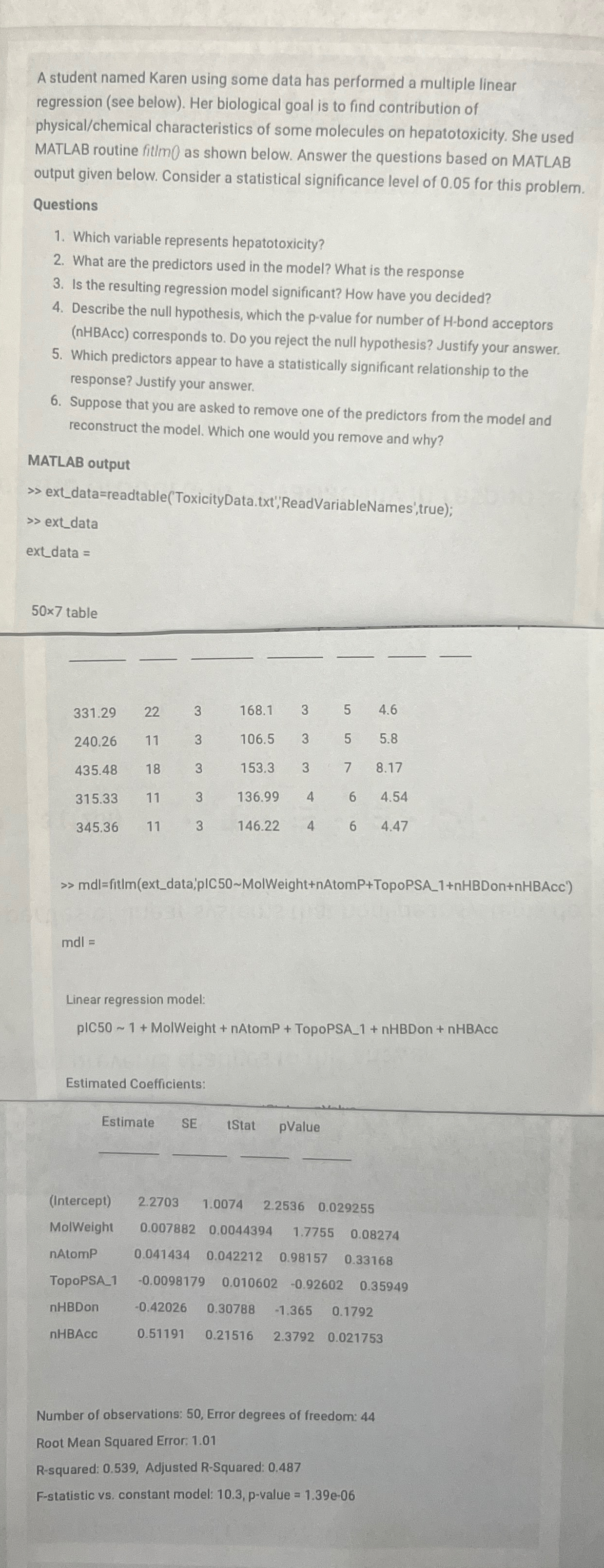 A student named Karen using some data has