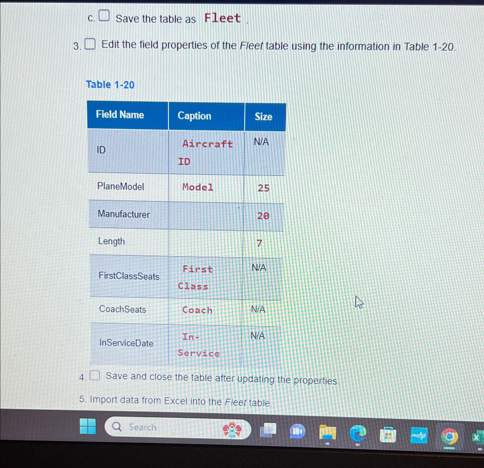 c . Save the table as Fleet. 3 . Edit the field